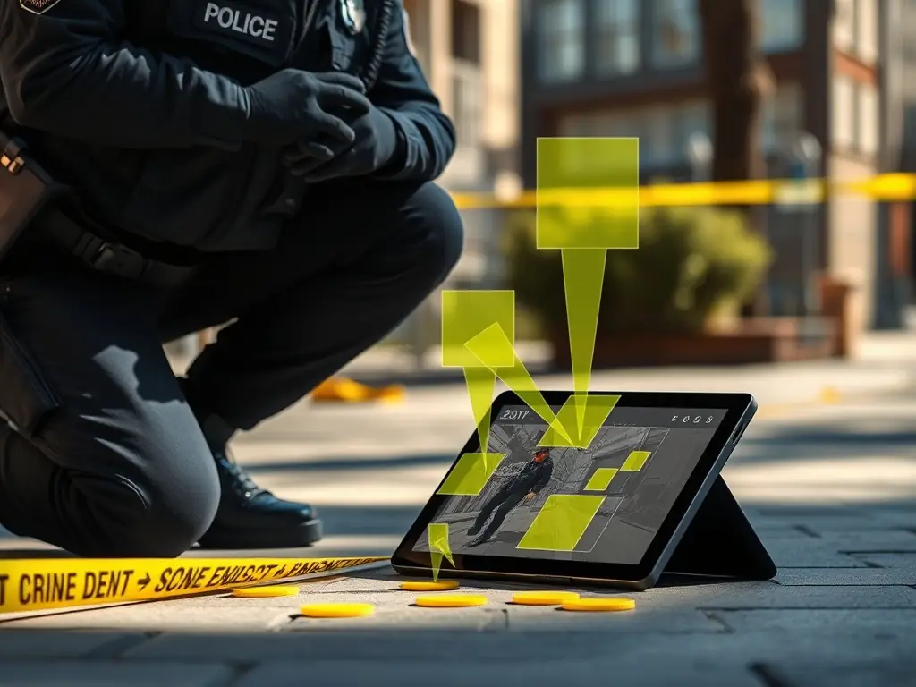 A detailed image of a police officer using an InstantAR application to analyze a simulated crime scene, with AR markers highlighting key evidence and points of interest.