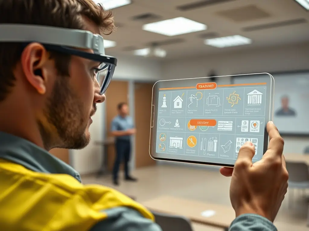An augmented reality interface displaying interactive fire safety training modules, demonstrating the platform's application in public safety education.