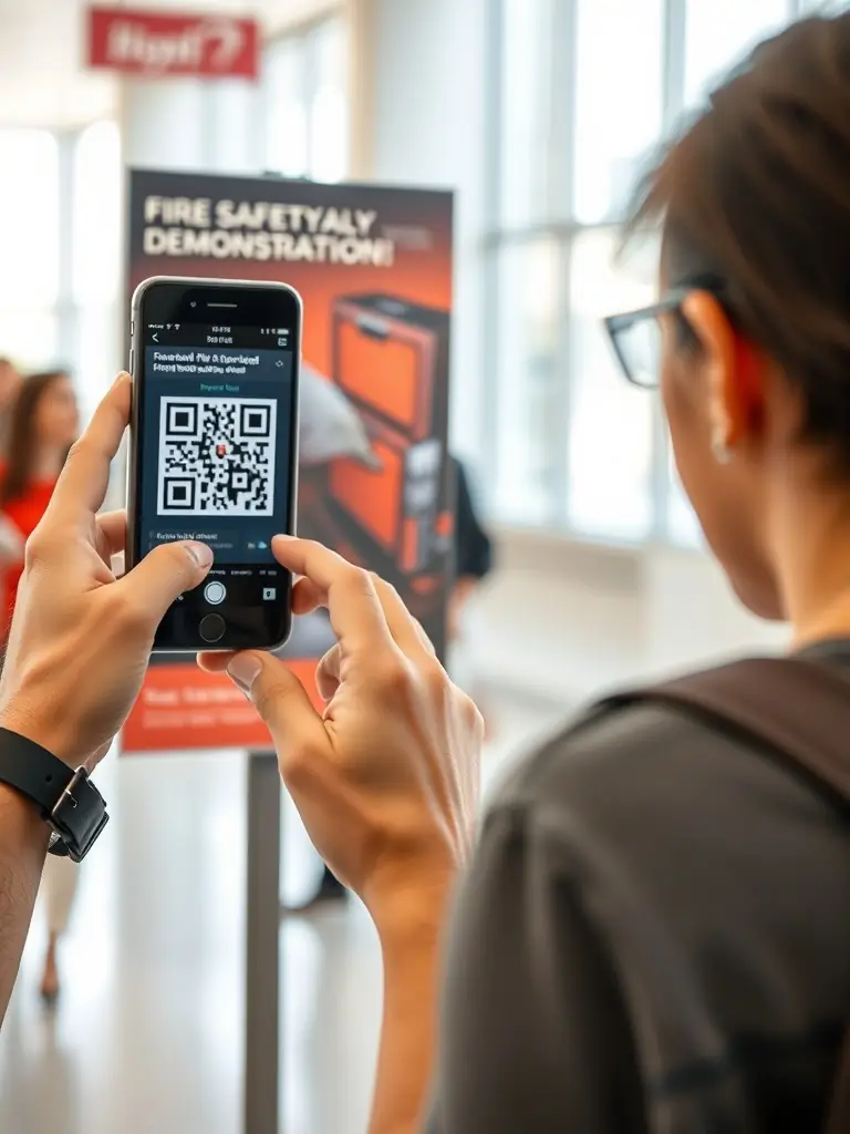 A person scanning a QR code on a poster with their smartphone, instantly launching an augmented reality experience showcasing a fire safety demonstration.