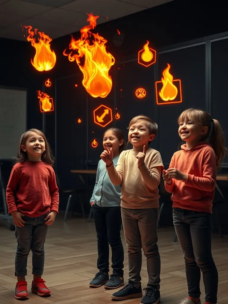 A group of children actively participating in an AR-based fire safety training simulation, showcasing better retention of information.