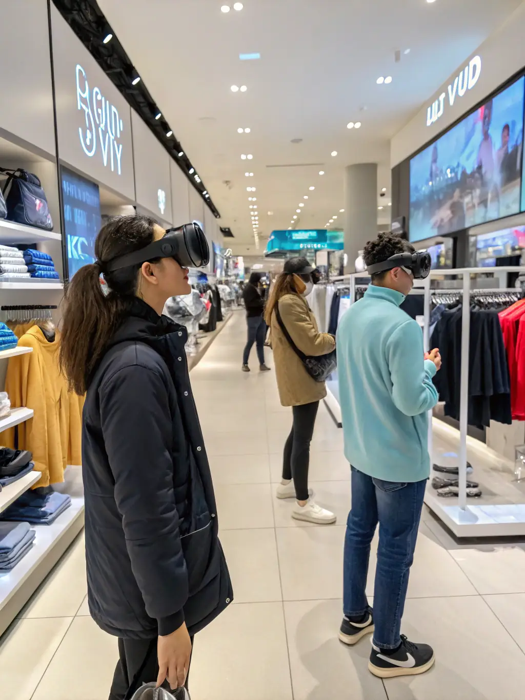 A diverse group of people interacting with an AR retail experience on their smartphones in a shopping mall, showcasing the platform's versatility.