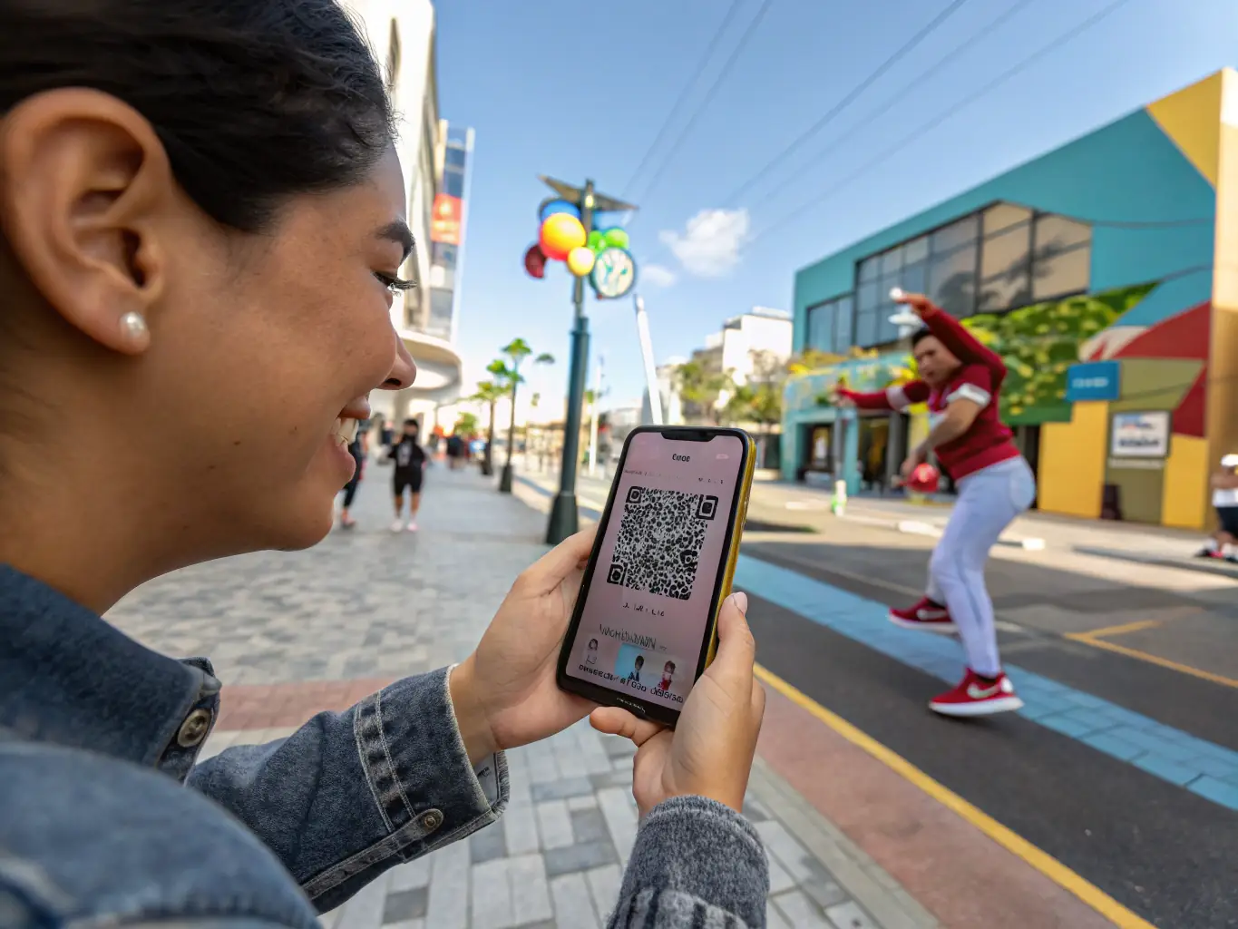 A smartphone scanning a QR code, transitioning into an augmented reality experience overlayed on the real world, showcasing the seamless transition from physical to digital interaction.
