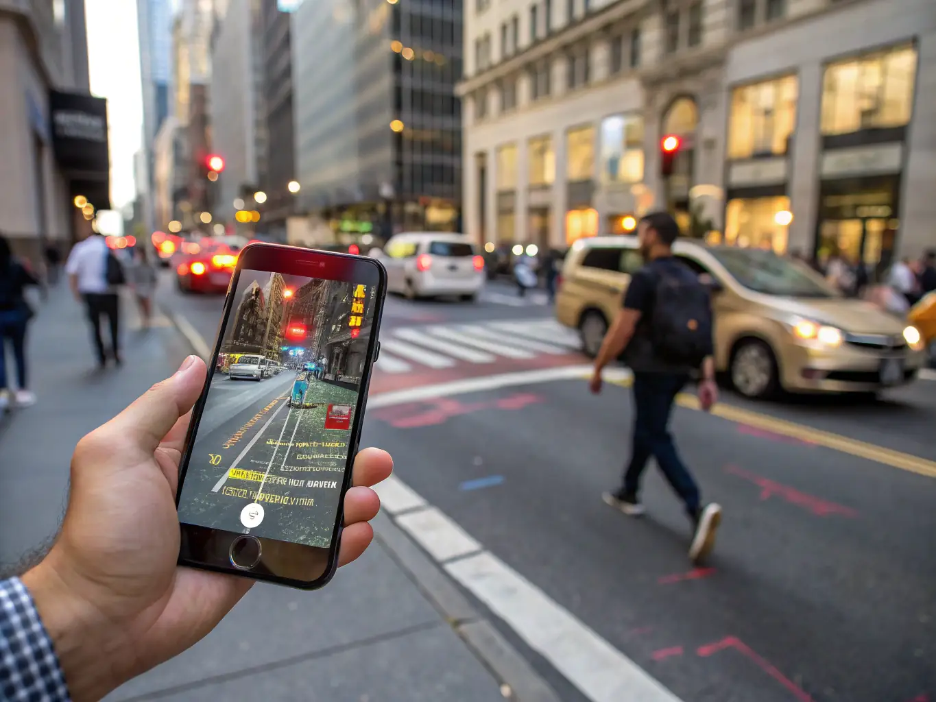 A user interacting with an AR retail experience, showcasing product details and customization options through their smartphone, highlighting the platform's retail applications.