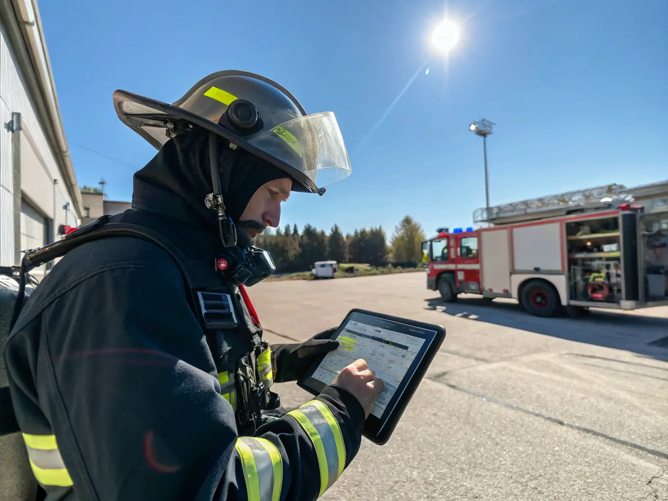 A detailed image of firefighters using an InstantAR application on their smartphones to simulate a building fire, showcasing the AR overlay on the real-world environment.