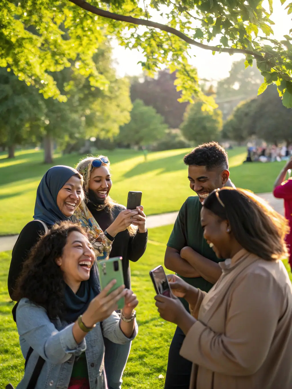 A diverse group of people using SugarXR's InstantAR platform on their smartphones, highlighting the platform's broad accessibility and ease of use.