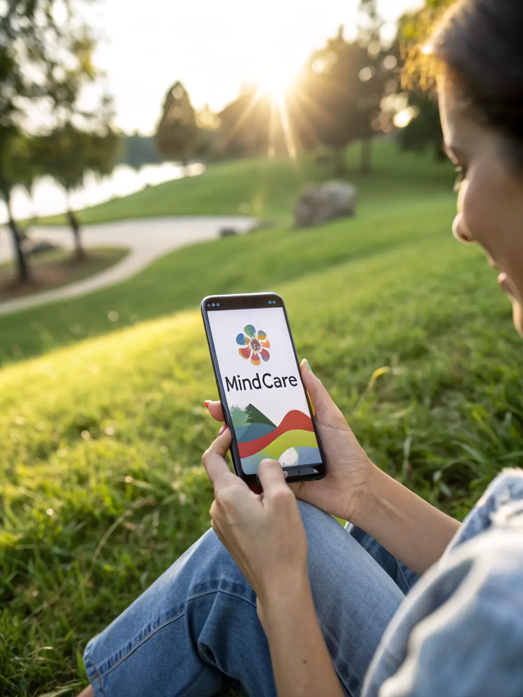 A serene image of a person using a smartphone to access a guided meditation through InstantAR, set in a peaceful outdoor environment.